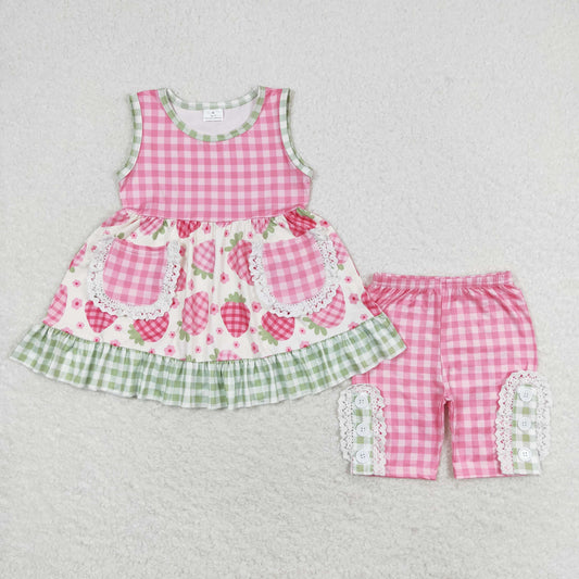 GSSO1183 Hot Pink Pea Green Plaid Strawberry Ruffled Pocket sleeveless top shorts Girls clothing sets summer outfit RTS 202501