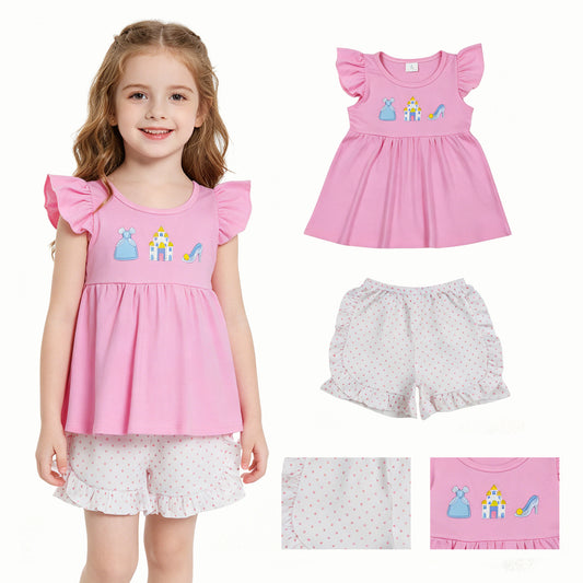 GSSO1186 Embroidered Princess Castle High Heels Pink Fly Sleeve Ruffle Shorts Girls Sets 202604 RTS