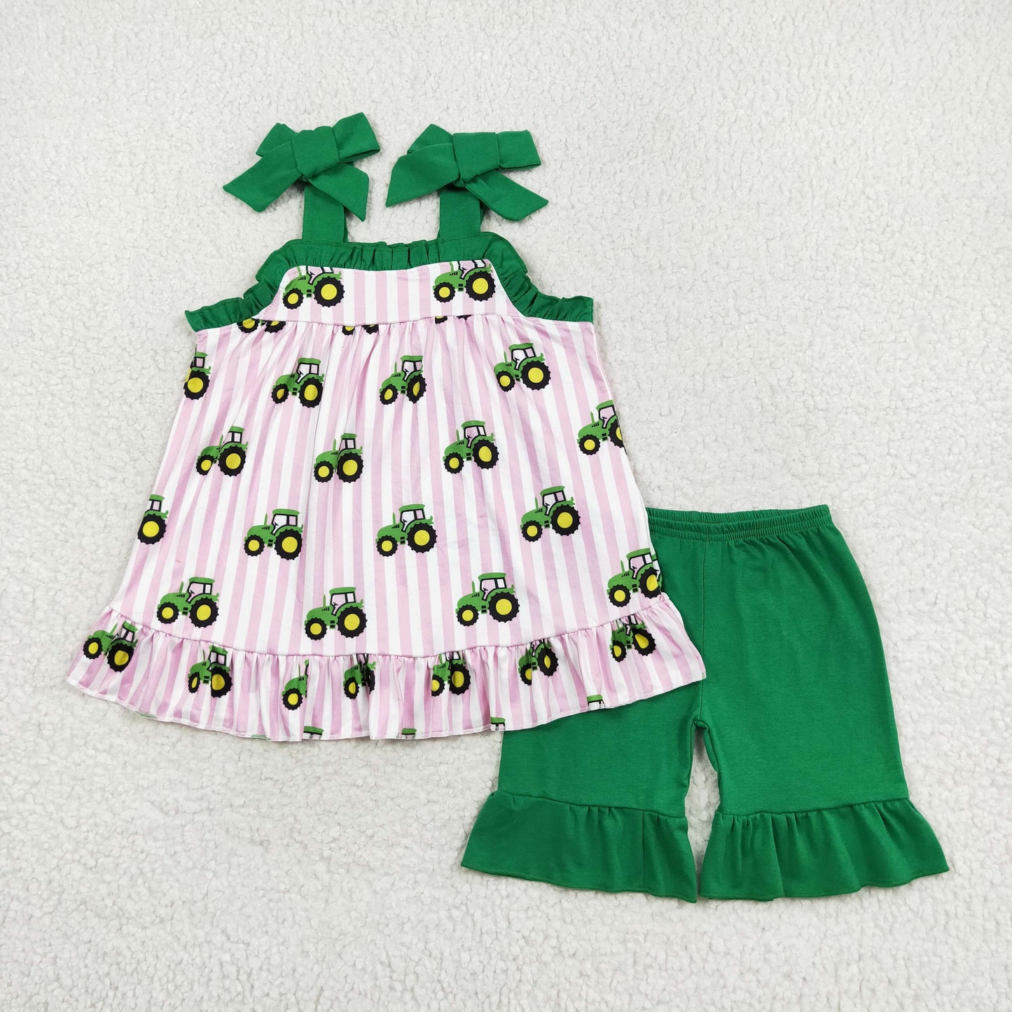 GSSO1222 Farm tractor Pink striped Green lace halter shorts set girls clothing sets 13 to 14