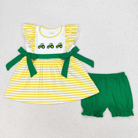 GSSO1223 Farm tractor Yellow striped green bow flying sleeve shorts set girls clothing sets 2024