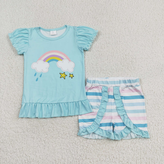GSSO1227 Rainbow cloud blue short-sleeved striped shorts suit summer girls clothing sets