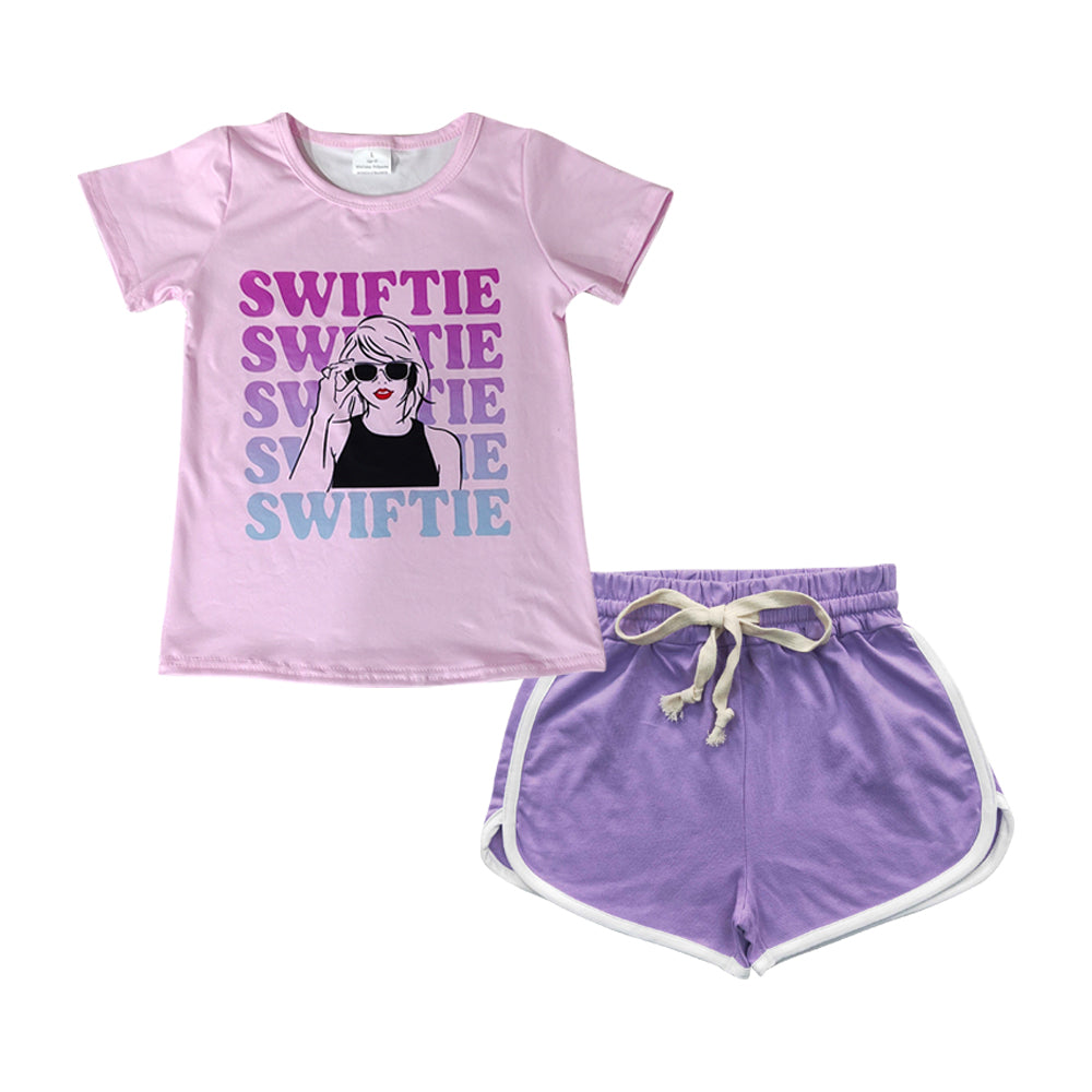 GSSO1232  swiftie letter pink short-sleeved purple shorts girl sets RTS 202508