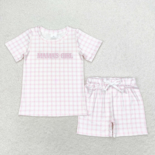GSSO1236 mama's girl Embroidery checkered pink-and-white short-sleeved shorts outfit baby girl clothing sets 3-6 months