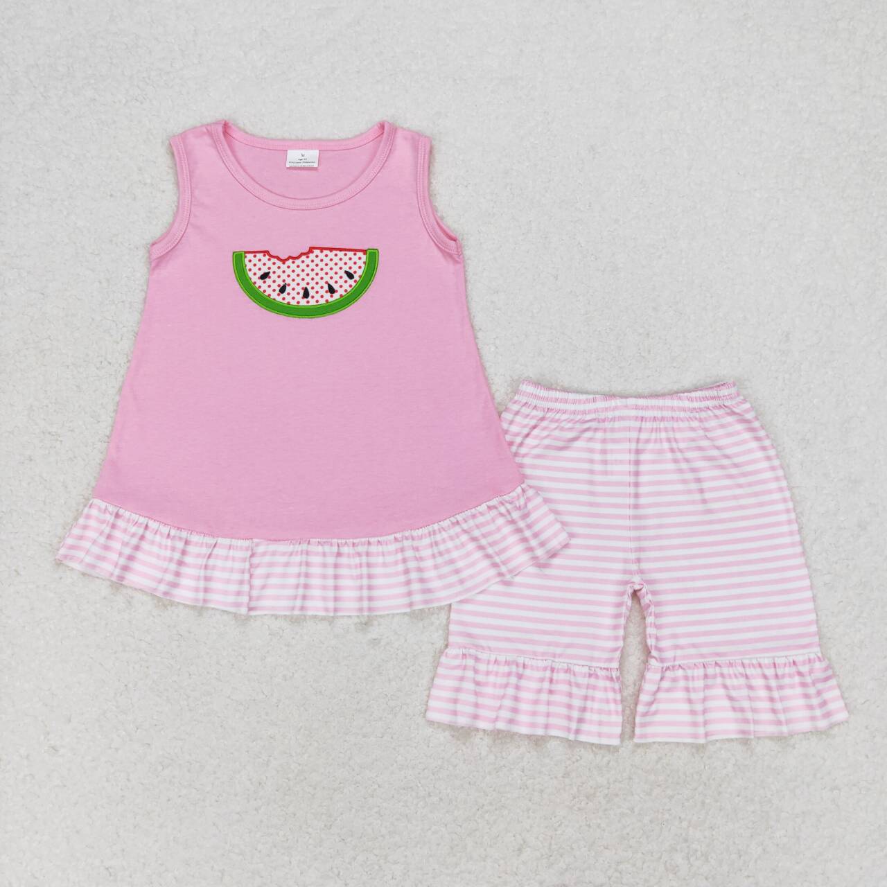 GSSO1239 Embroidered watermelon pink sleeveless striped shorts set girls sets clothings boutique no moq