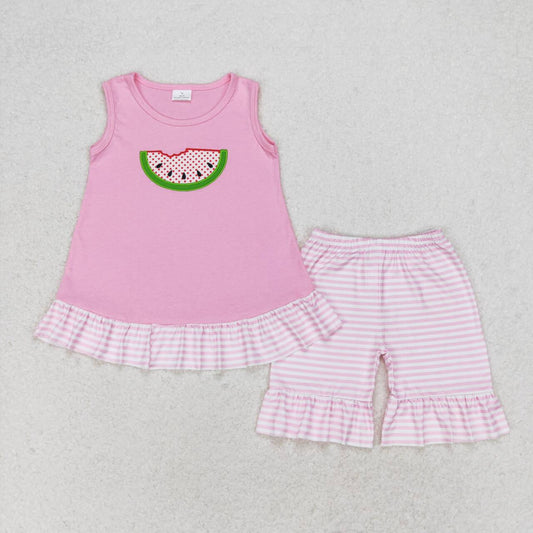 GSSO1239 Embroidered watermelon pink sleeveless striped shorts set girls sets clothings boutique no moq