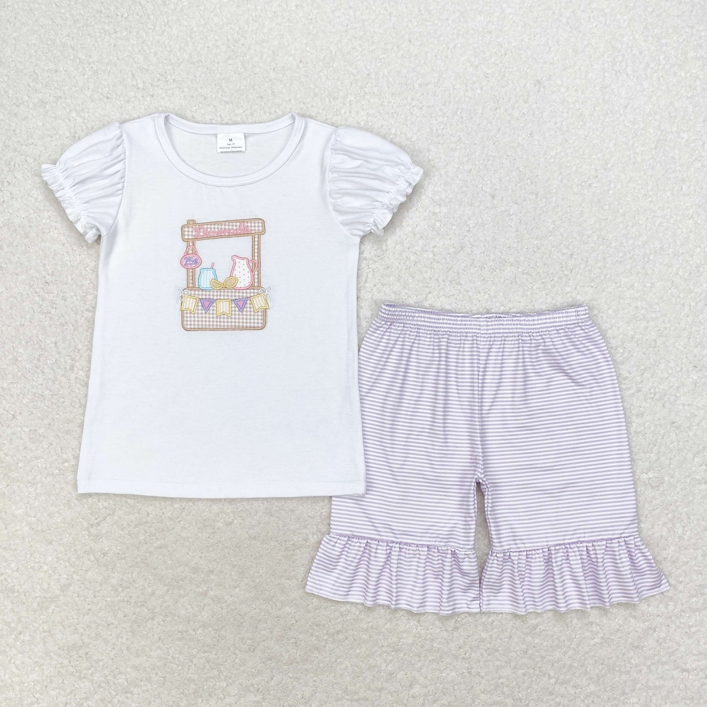 GSSO1240 NO MOQ Embroidered lemonade stand Flag white short sleeve purple striped shorts set clothing sets for girl 5 -8
