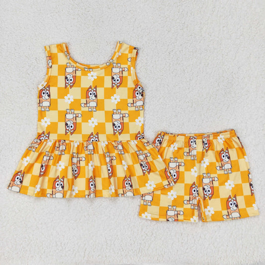 GSSO1249 Cartoon Bluey Flower Plaid Orange Sleeveless Shorts Girls Set RTS 202509