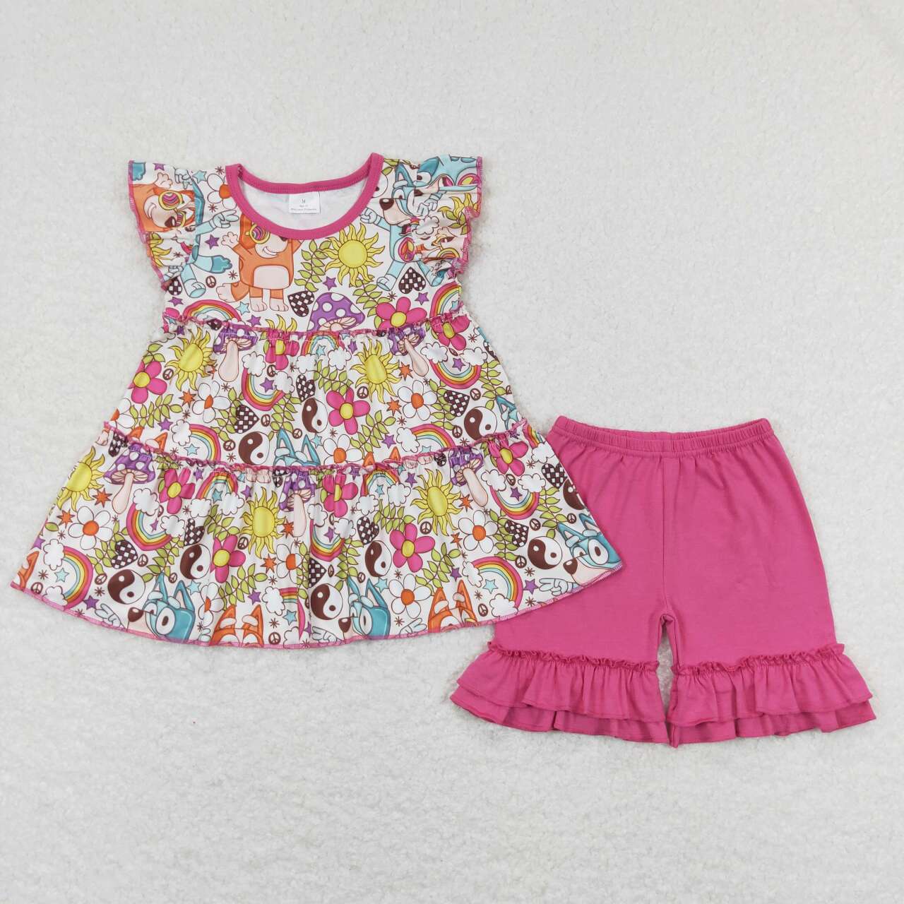 GSSO1251 cartoon bluey flying sleeve rose red ruffle shorts sets boutique girls clothing 20240402 RTS