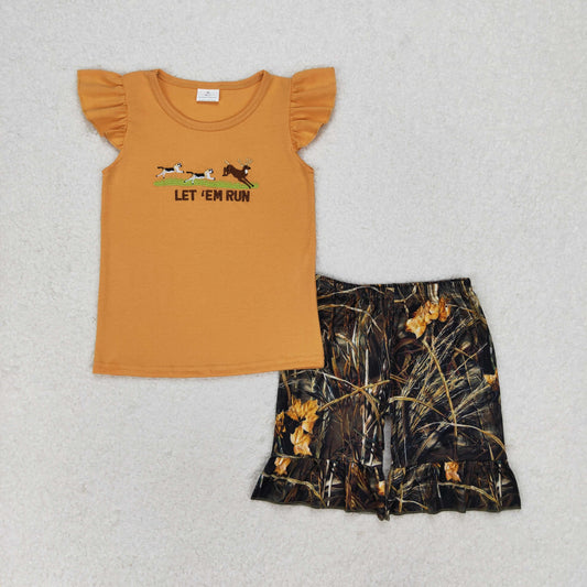 GSSO1263 Embroidered Let's Run Puppy Deer Flying Sleeve Shorts Girls Set RTS 202509