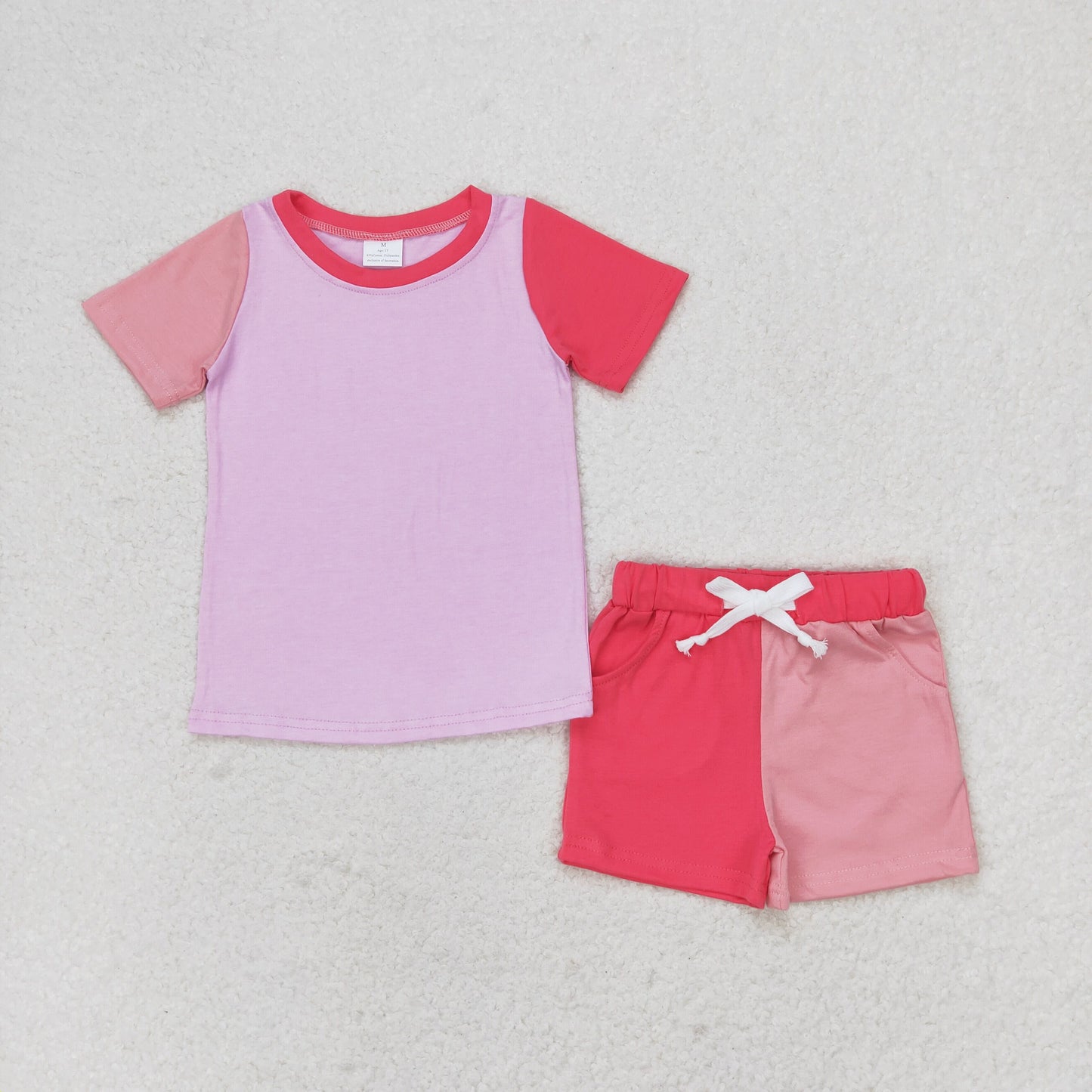 GSSO1269 Pink Contrasting Patchwork Short Sleeve Shorts Girls Set RTS 202509
