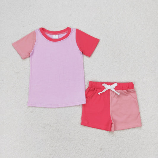 GSSO1269 Pink Contrasting Patchwork Short Sleeve Shorts Girls Set RTS 202509