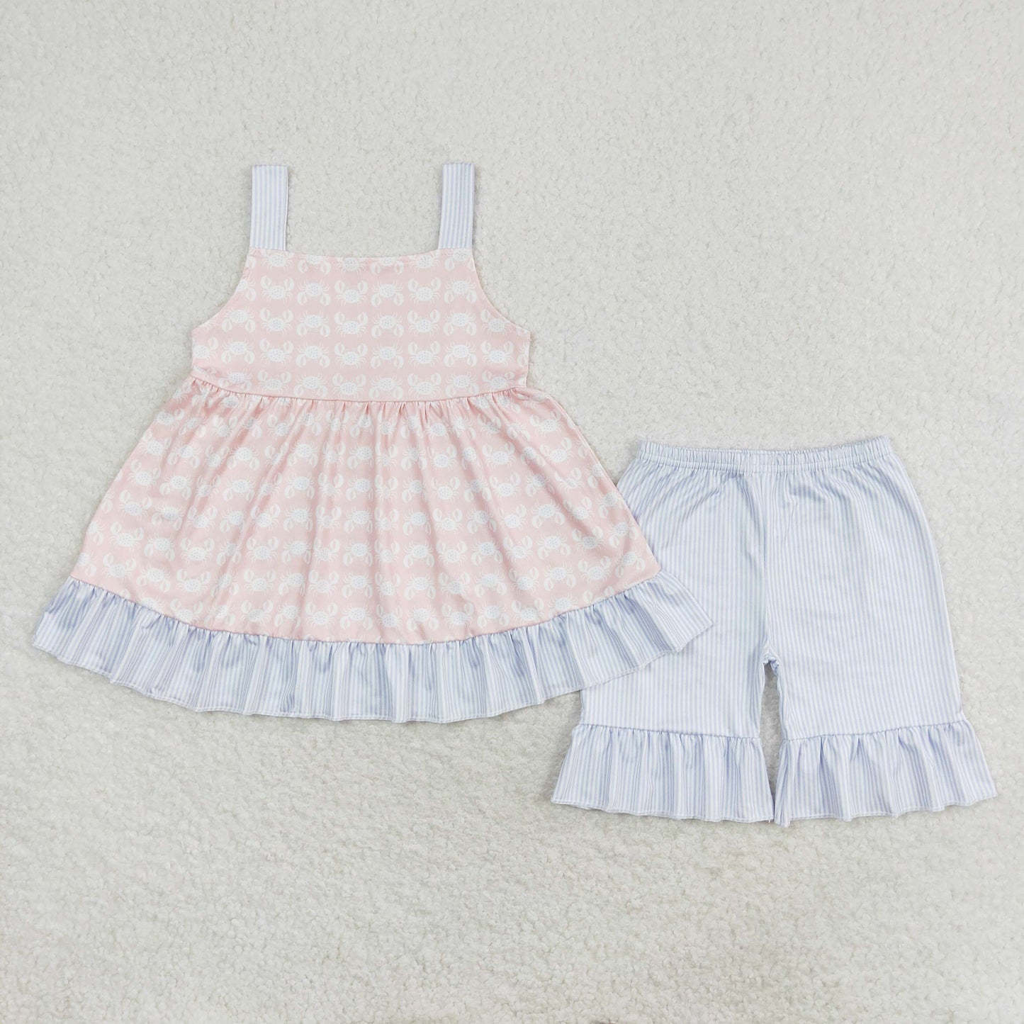 GSSO1306 Light Pink Blue Crab Ruffle Sleeveless Top shorts set Girls Boutique outfit 202502 RTS