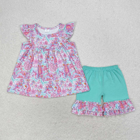 GSSO1356 Flower Dinosaur Flying Sleeve Lake green shorts set teen girls clothing sets