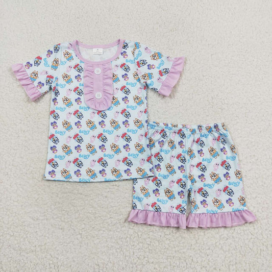 GSSO1363 bluey Pink lace light blue short sleeve shorts pajama set