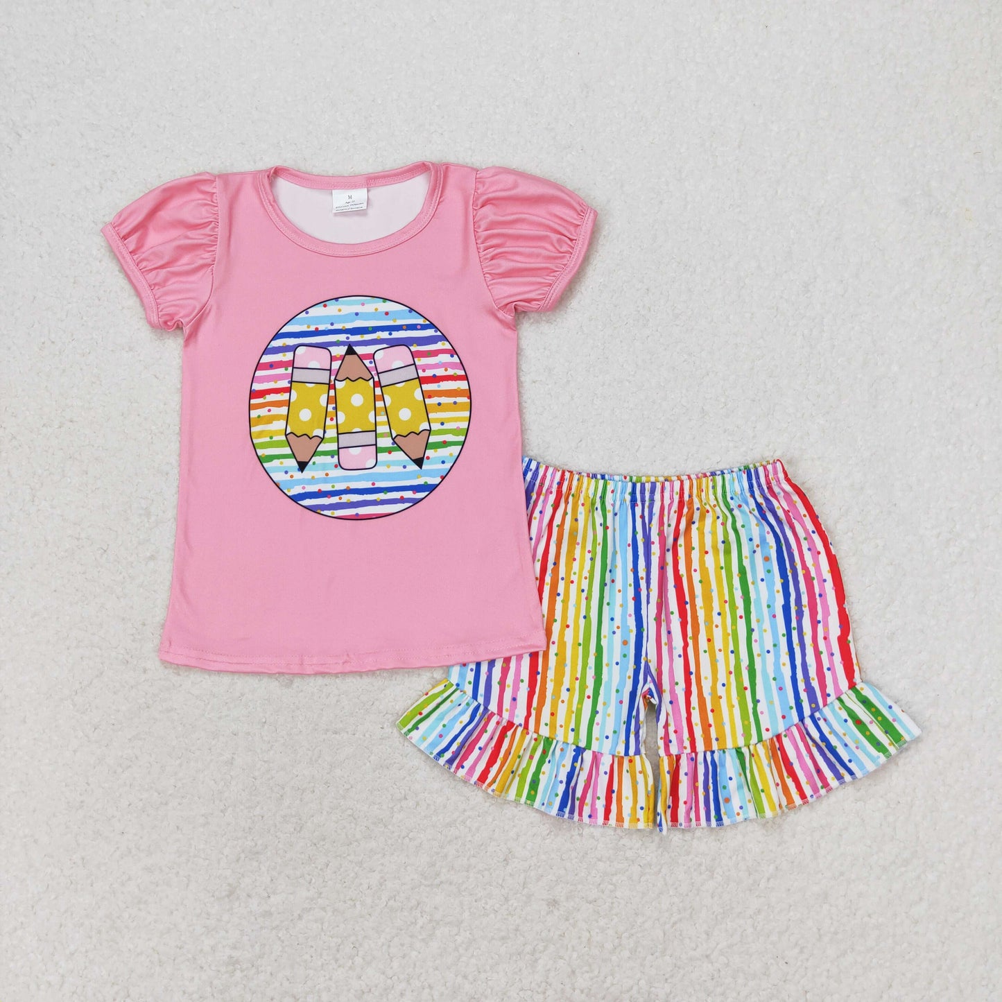 GSSO1366 Pencil colored striped pink short-sleeved shorts suit clothing set for girl