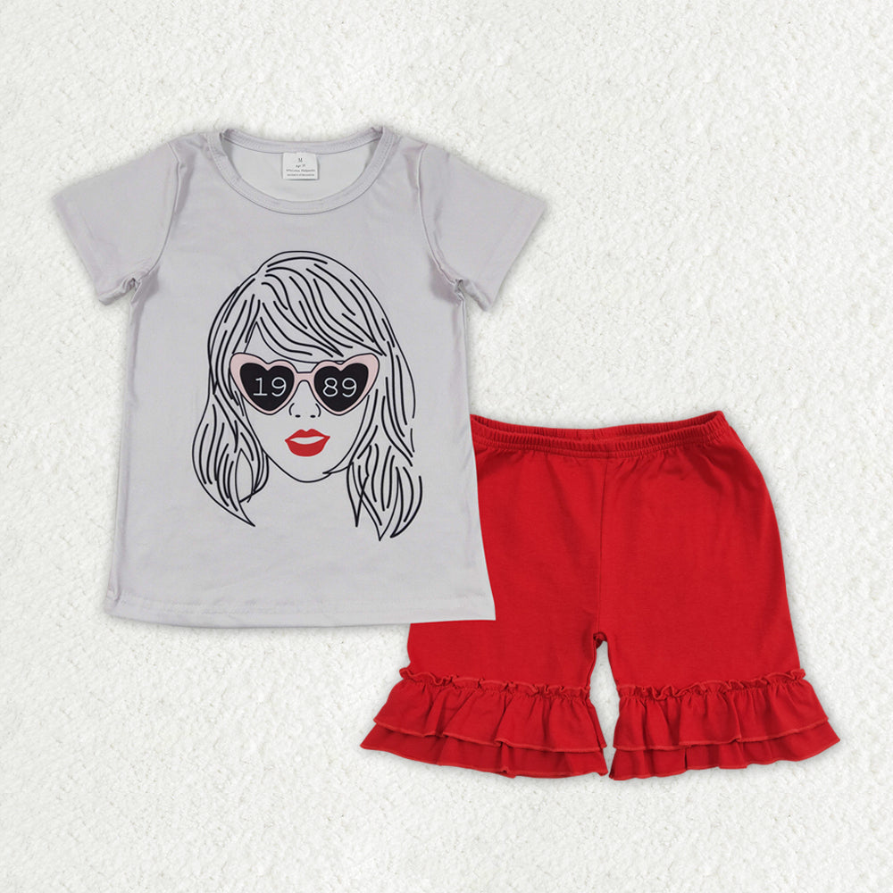 GSSO1377 Taylor Swift 1989 Beige Short-Sleeved Red Ruffle Shorts Girls Sets RTS 202508