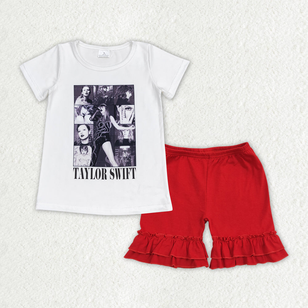 GSSO1378 Taylor Swift White Short-Sleeved Red Ruffle Shorts Girls Sets RTS 202508
