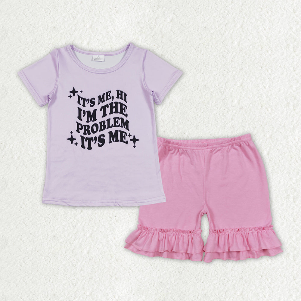 GSSO1379 Taylor Swift Letter Purple Short-Sleeved Pink Ruffle Shorts Girls Sets RTS 202508