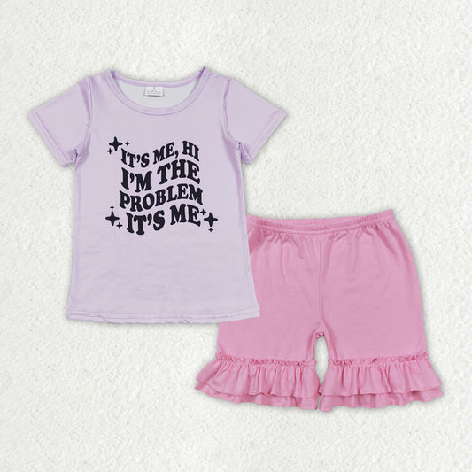 GSSO1379 Taylor Swift Letter Purple Short-Sleeved Pink Ruffle Shorts Girls Sets RTS 202508