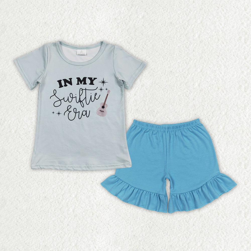 GSSO1380 Taylor Swift Letter Gray Blue Short-Sleeved Sky Blue Ruffle Shorts Girls Sets RTS 202508