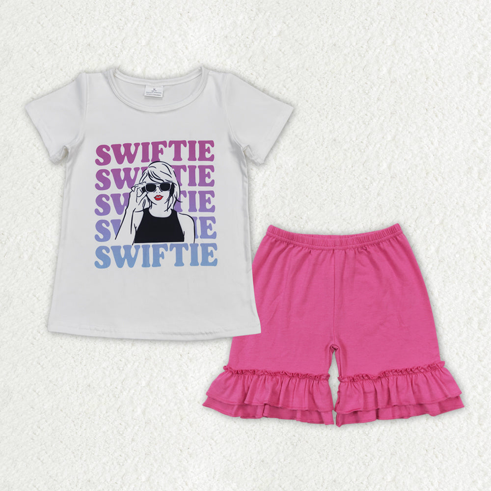 GSSO1383 Taylor Swift White Short-Sleeved Rose Red Ruffle Shorts Girls Sets RTS 202508