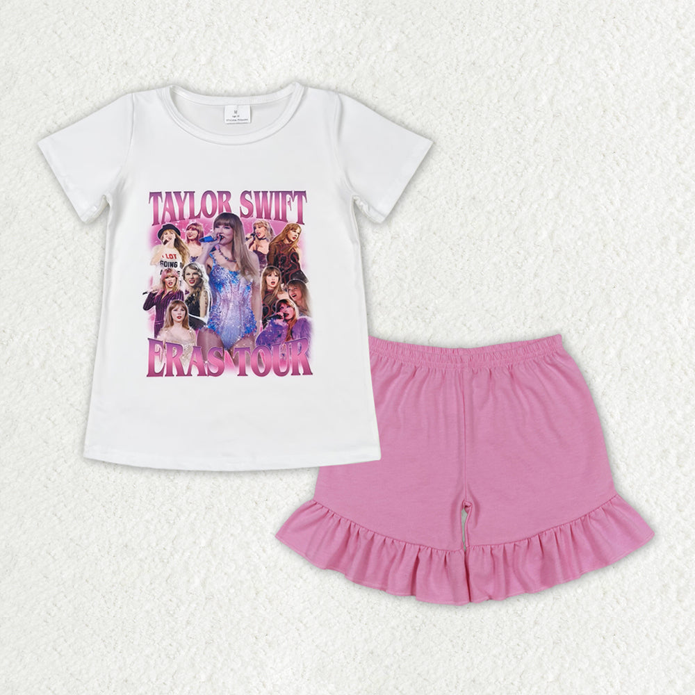 GSSO1389 Taylor Swift White Short-Sleeved Pink Ruffle Shorts Girls Sets RTS 202508