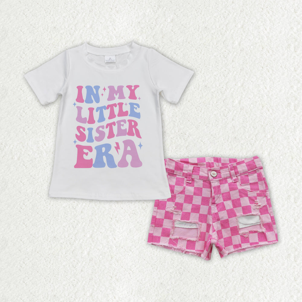 GSSO1409 in my big sister era Printed pink and blue denim shorts high quality wholesale girls jeans trousers