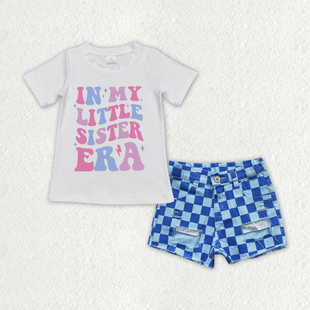 GSSO1409 in my big sister era Printed pink and blue denim shorts high quality wholesale girls jeans trousers