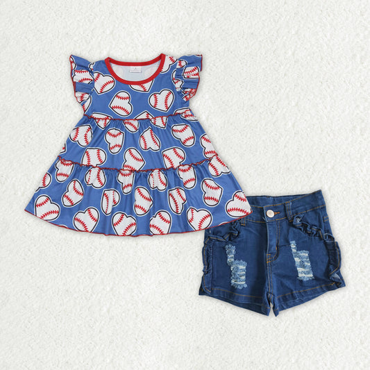GSSO1413 Small flying sleeve baseball love printed top blue denim shorts high quality wholesale girls clothing sets 5 years