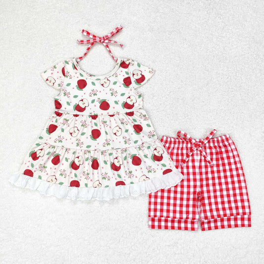 GSSO1416 NO MOQ Apple leaf Lace lace flying sleeve red plaid shorts set western clothes