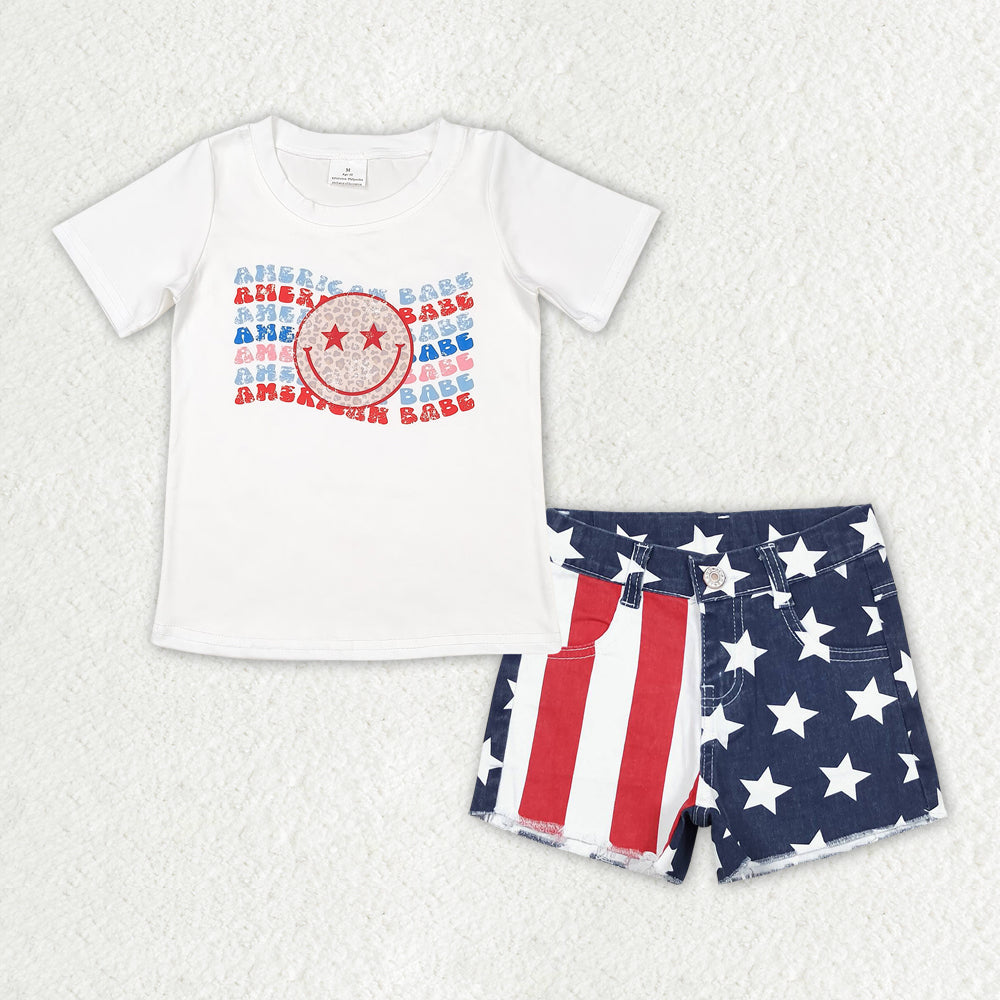 GSSO1439 american babe Leopard print smiley face white short sleeve red and white stripes stars Blue patchwork denim shorts suit