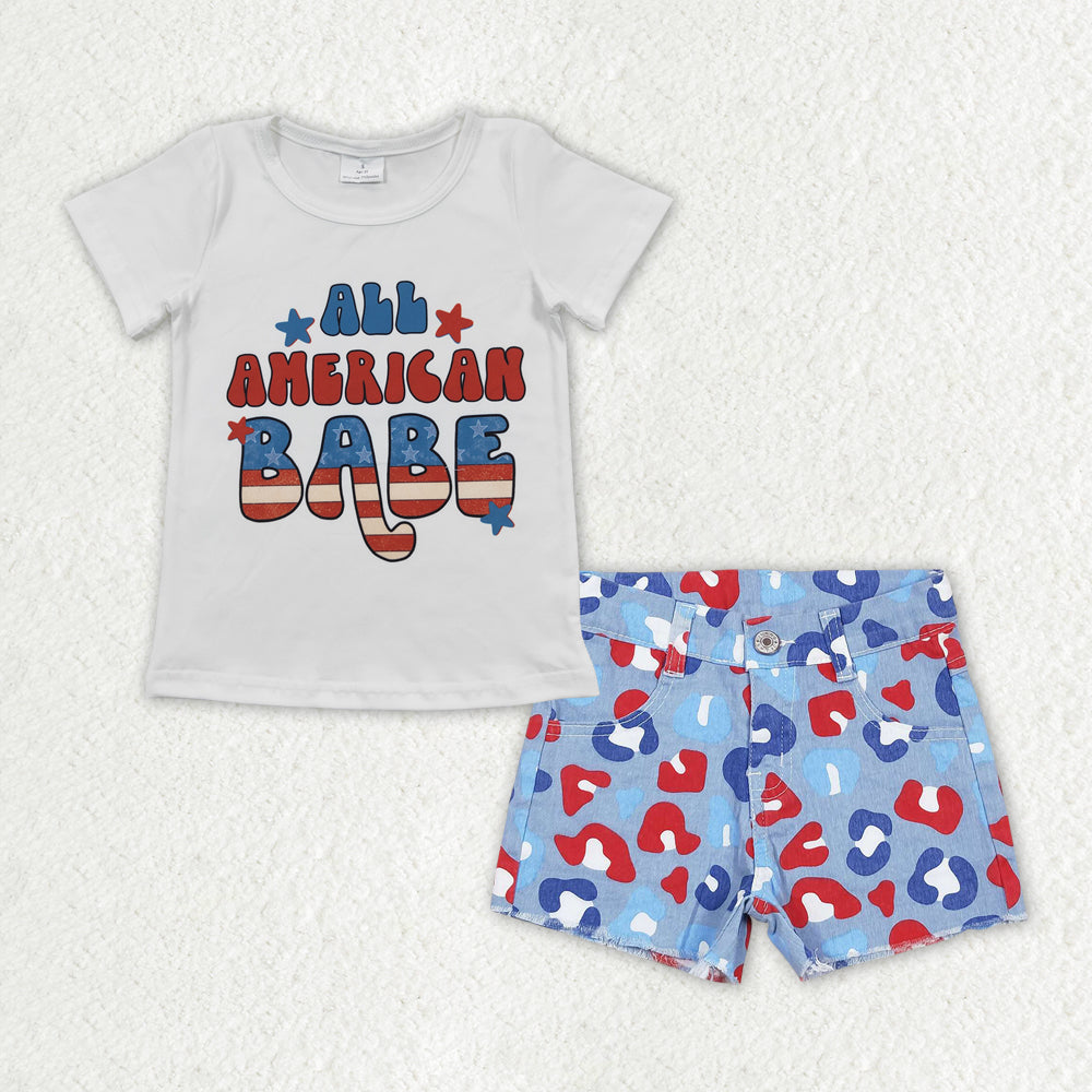 GSSO1440 National Day BABE white short-sleeved red blue leopard print denim shorts suit kids clothing girl sets