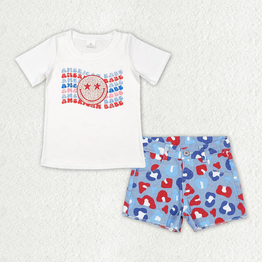 GSSO1441 american babe leopard-print smiley face white short-sleeved red-blue leopard-print denim shorts suit girls clothing