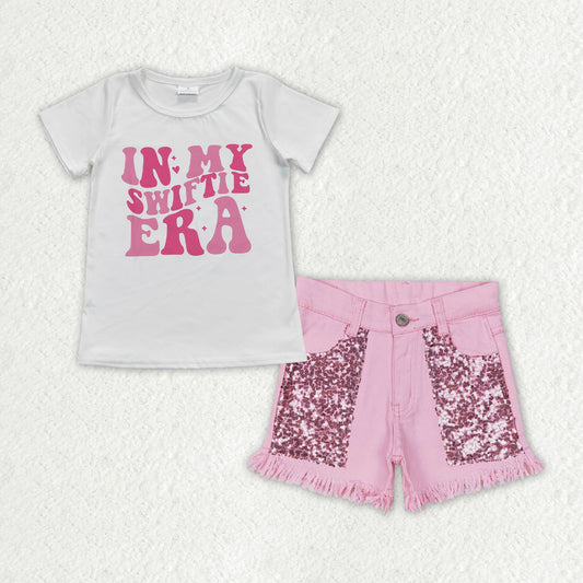 GSSO1444 in my swiftie era Letter white short-sleeved pink sequined denim shorts suit kid clothing set for girl summer