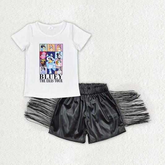 GSSO1448 bluey white short-sleeved black glossy leather fringe shorts suit