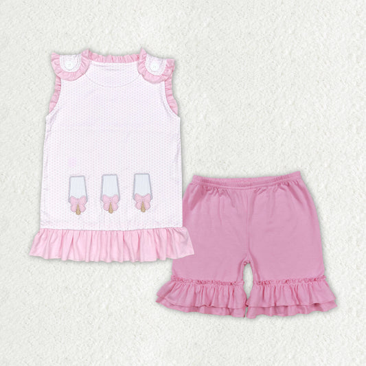 GSSO1455 Ice cream bow pink polka dot sleeveless pink purple lace shorts set