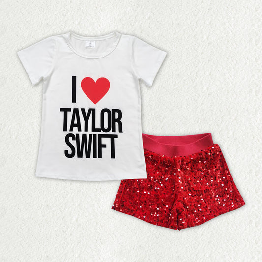 GSSO1456 I love taylor swift white short-sleeved red sequined shorts suit