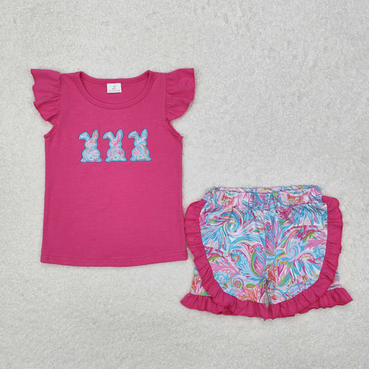 GSSO1466 Embroidered Rabbits Easter outfit sets Rose Red Ruffle sleeveless top blue camo shorts outfit Girls Boutique Outfit  RTS 202412