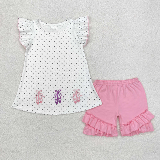 GSSO1504 valentines girls boutique outfit embroidered shoes White dot sleeveless top Pink Ruffle pants  RTS 202412