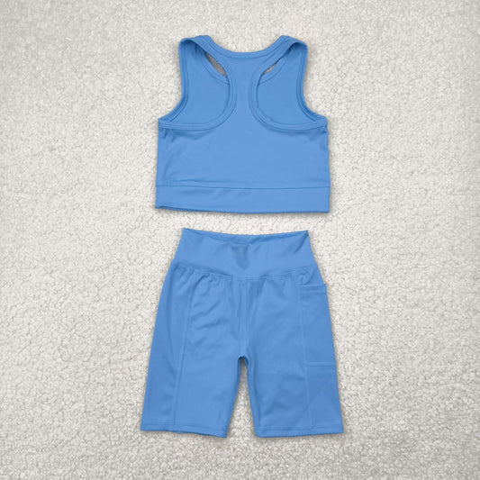 GSSO1515 Yoga Outfit Baby Girls Sports clothes Sky Blue Sleeveless Vest shorts Girls Boutique Summer clothes 202504 RTS