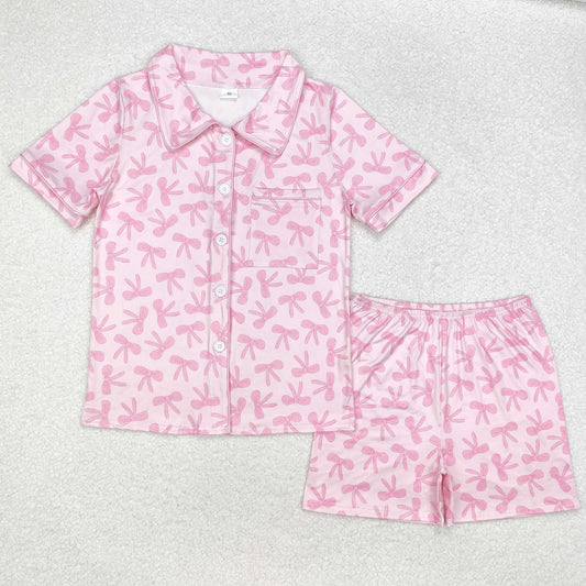 GSSO1535 Adult women's pink bows button short sleeve pants pajamas set New arrival
