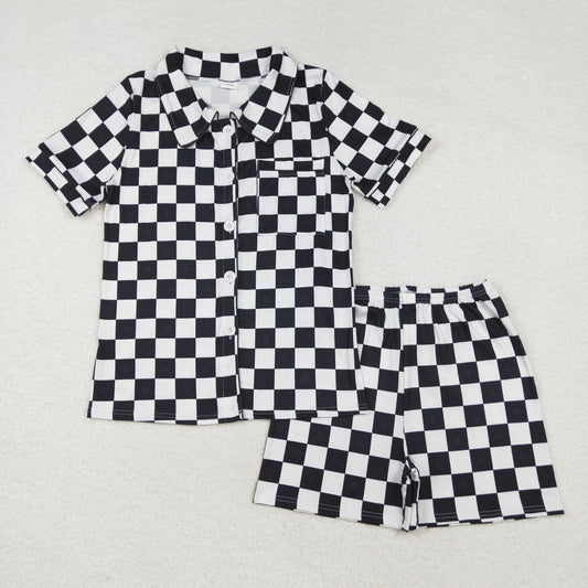 GSSO1536 Adult women's black check button short sleeve pants pajamas set New arrival