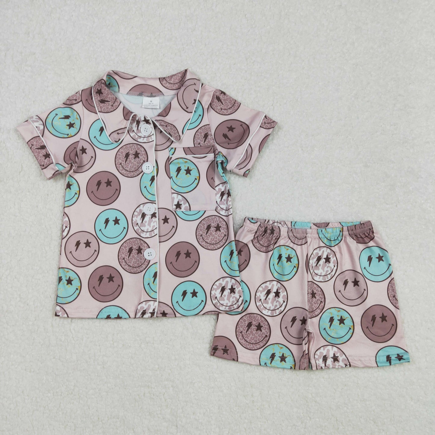 GSSO1545 Brown Smile Face Button Short Sleeve top shorts pajamas sets girls boutique outfit 202502 RTS