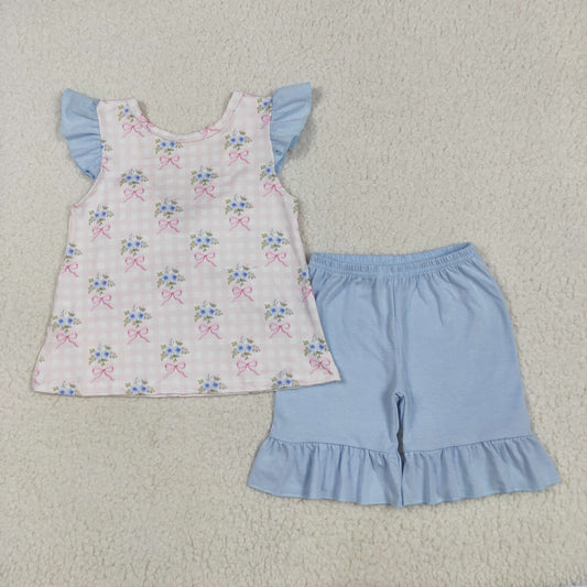 GSSO1577 Flower Bows Pink Plaid Blue Fly Sleeve Top Shorts Sets Girls Boutique Outfit 202505 RTS