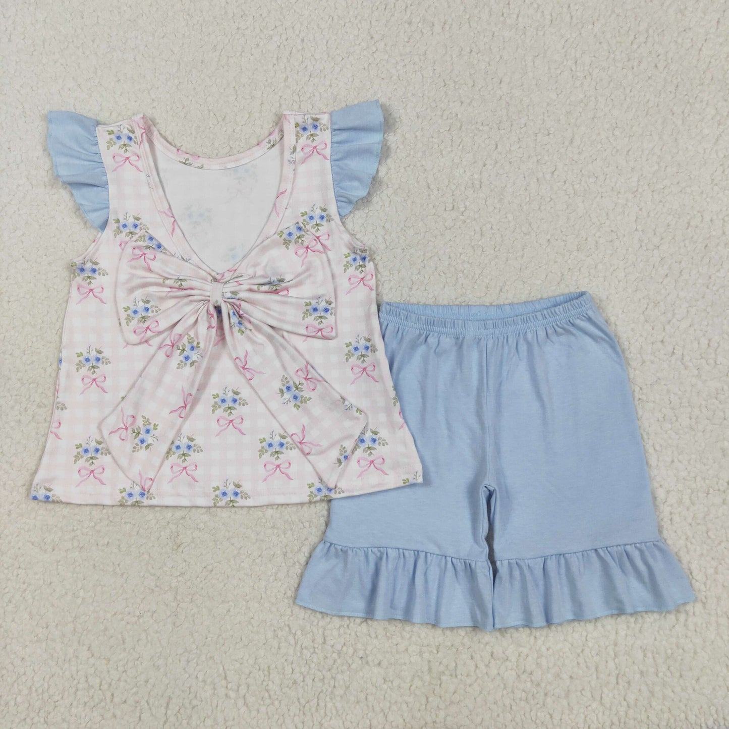 GSSO1577 Flower Bows Pink Plaid Blue Fly Sleeve Top Shorts Sets Girls Boutique Outfit 202505 RTS