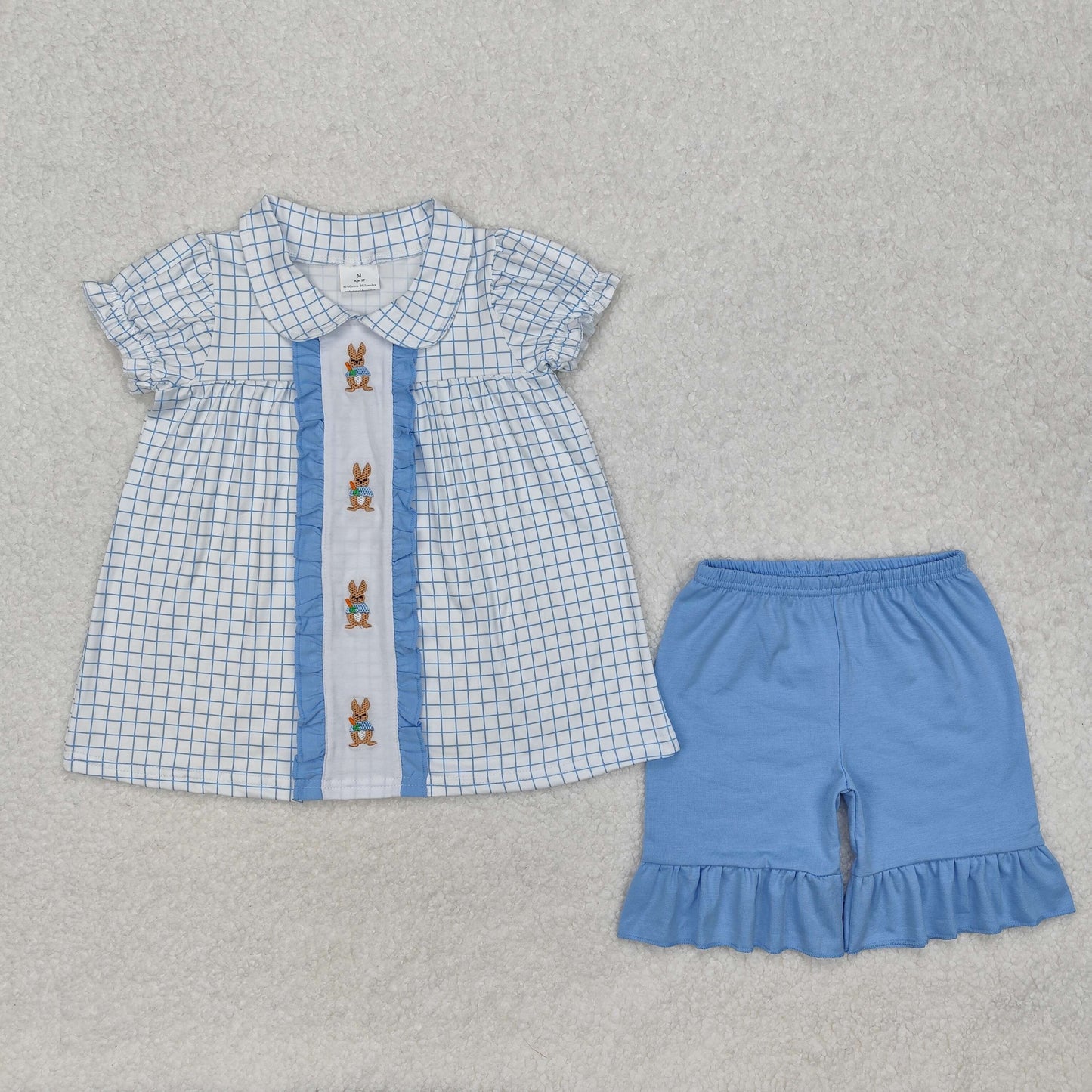 GSSO1583 Embroidered Rabbits Easter outfit sets Blue check Short Sleeve top ruffle shorts outfit Girls Boutique Outfit RTS 202412