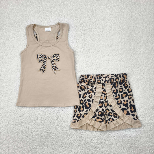 GSSO1603 Embroidered Bow Grey Brown Leopard Ruffle Sleeveless Shorts Sets Girls Boutique Outfit 202504 RTS