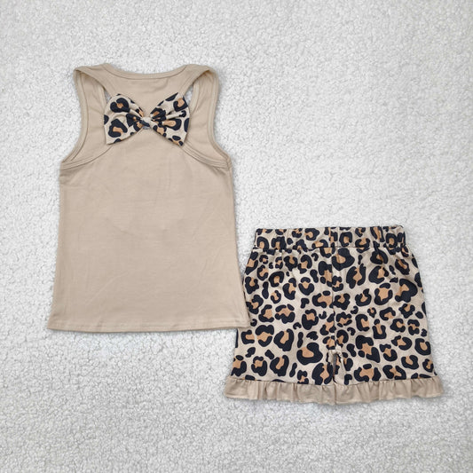 GSSO1603 Embroidered Bow Grey Brown Leopard Ruffle Sleeveless Shorts Sets Girls Boutique Outfit 202504 RTS