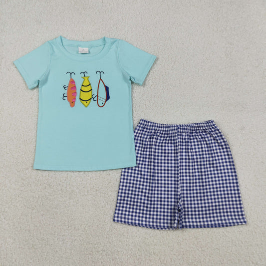 BSSO1628 Embroidered Fishing Bait Blue Short-Sleeve Plaid Shorts Boys Sets 202512 RTS