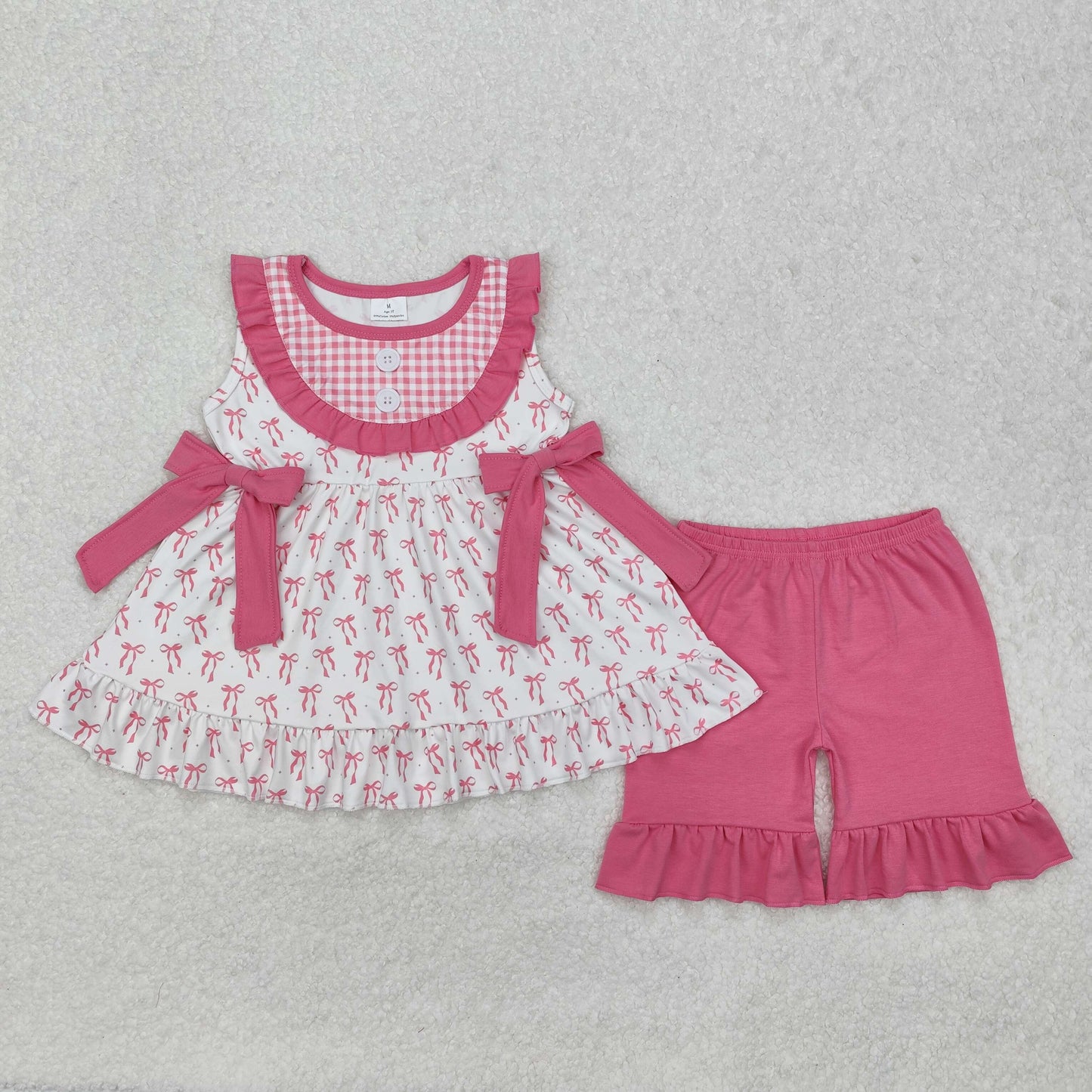 GSSO1639 Valentines Baby Girl boutique outfit Pink Bows Sleeveless top ruffle shorts outfit RTS 202412